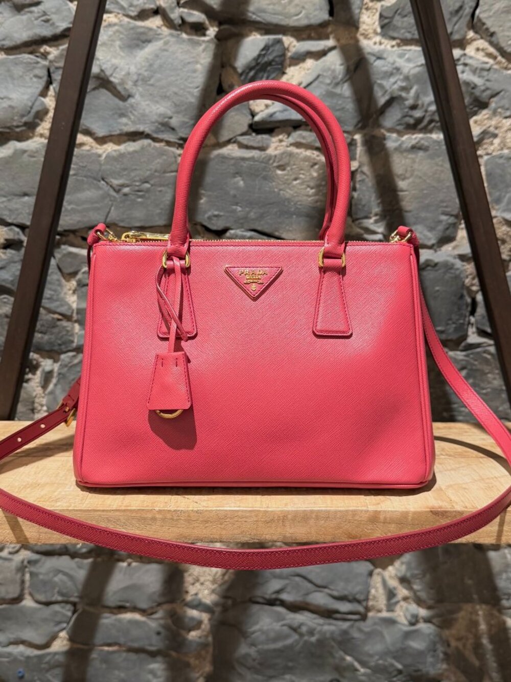 Prada Hot Pink Saffiano Leather Double Zip Small Galleria Handbag